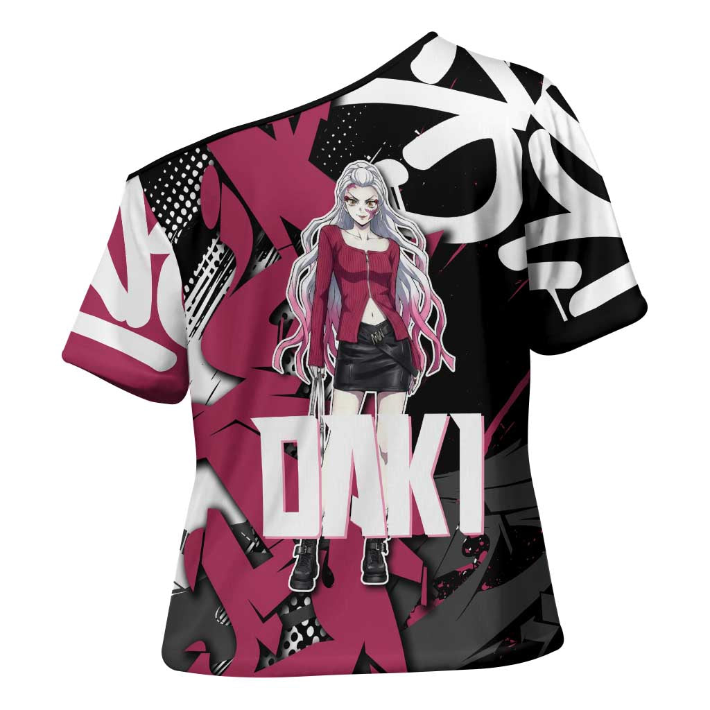 Daki Demon Slayer Cross Shoulder Shirt Pink Graffiti Anime Aesthetic