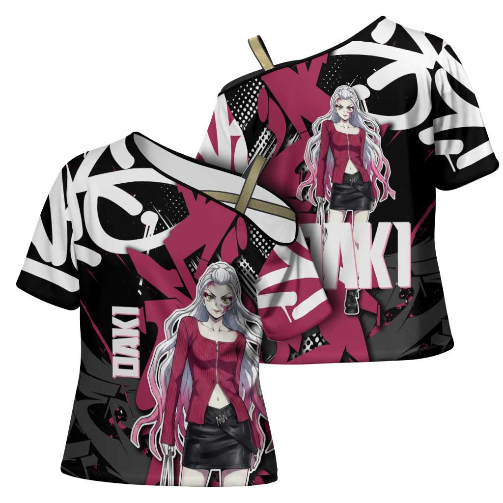 Daki Demon Slayer Cross Shoulder Shirt Pink Graffiti Anime Aesthetic