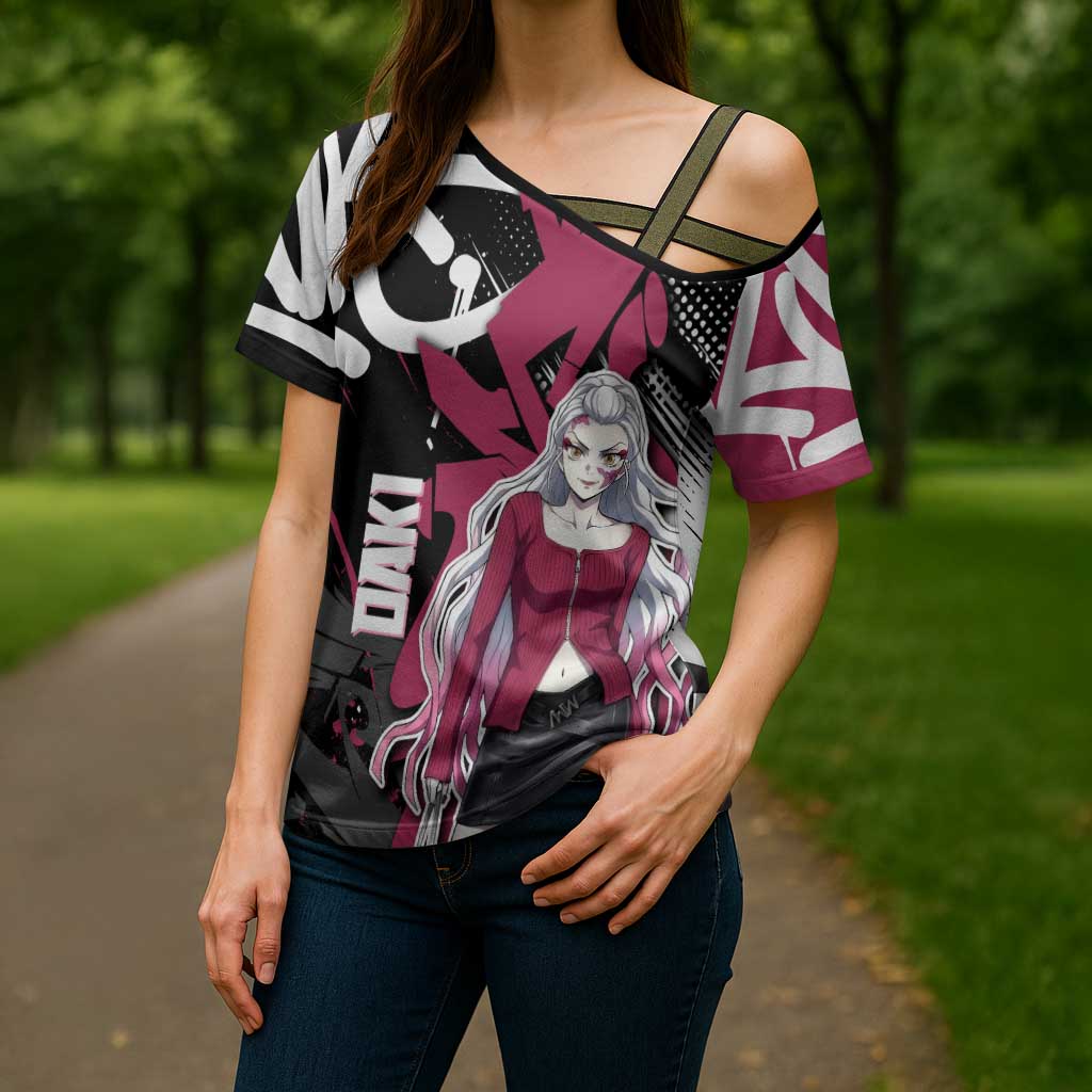 Daki Demon Slayer Cross Shoulder Shirt Pink Graffiti Anime Aesthetic