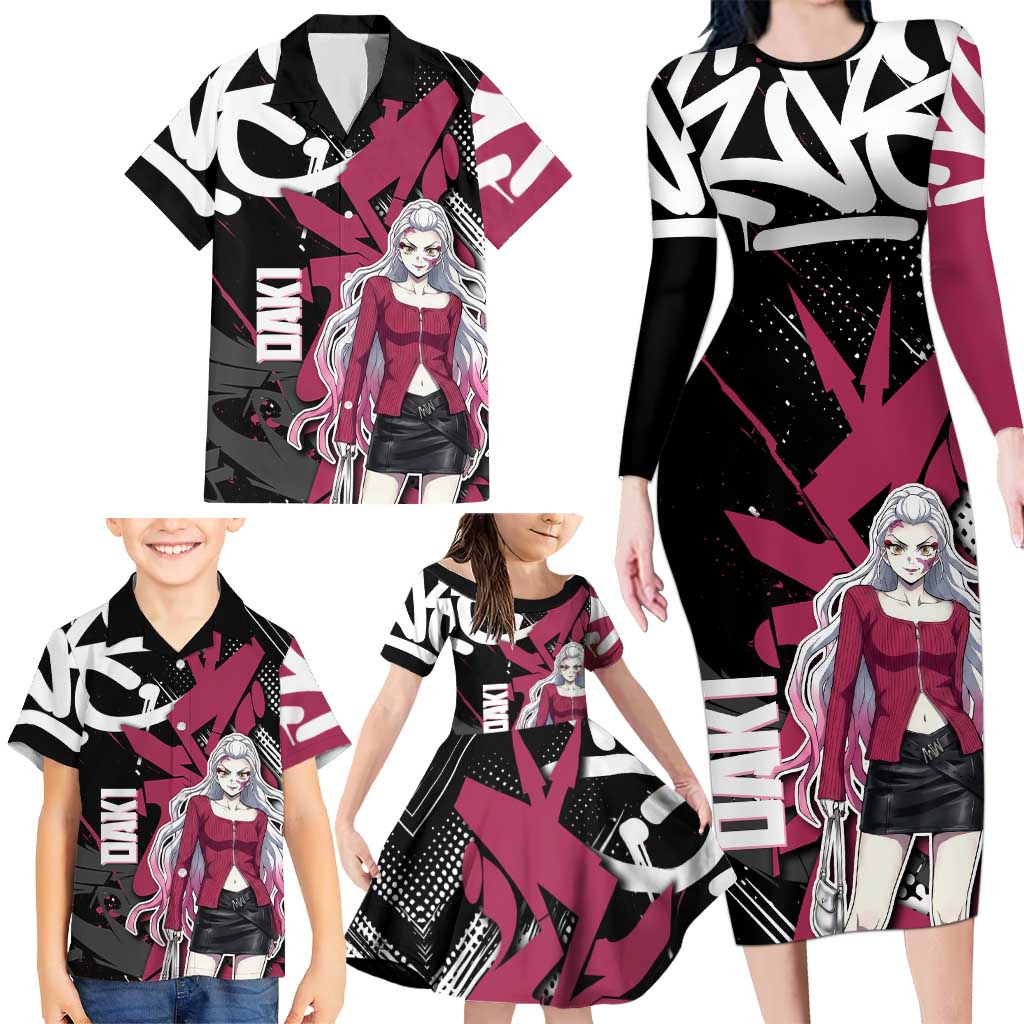 Daki Demon Slayer Family Matching Long Sleeve Bodycon Dress and Hawaiian Shirt Pink Graffiti Anime Aesthetic