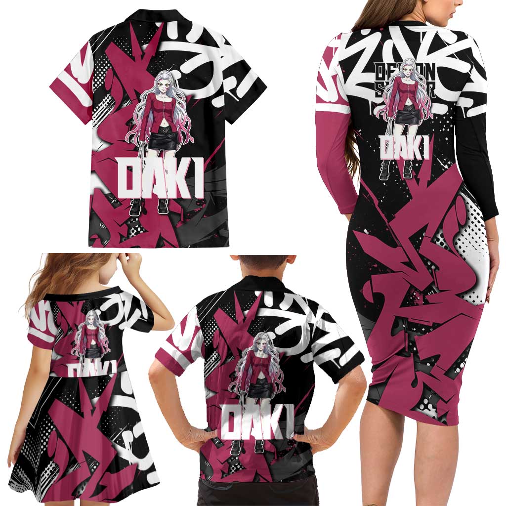 Daki Demon Slayer Family Matching Long Sleeve Bodycon Dress and Hawaiian Shirt Pink Graffiti Anime Aesthetic