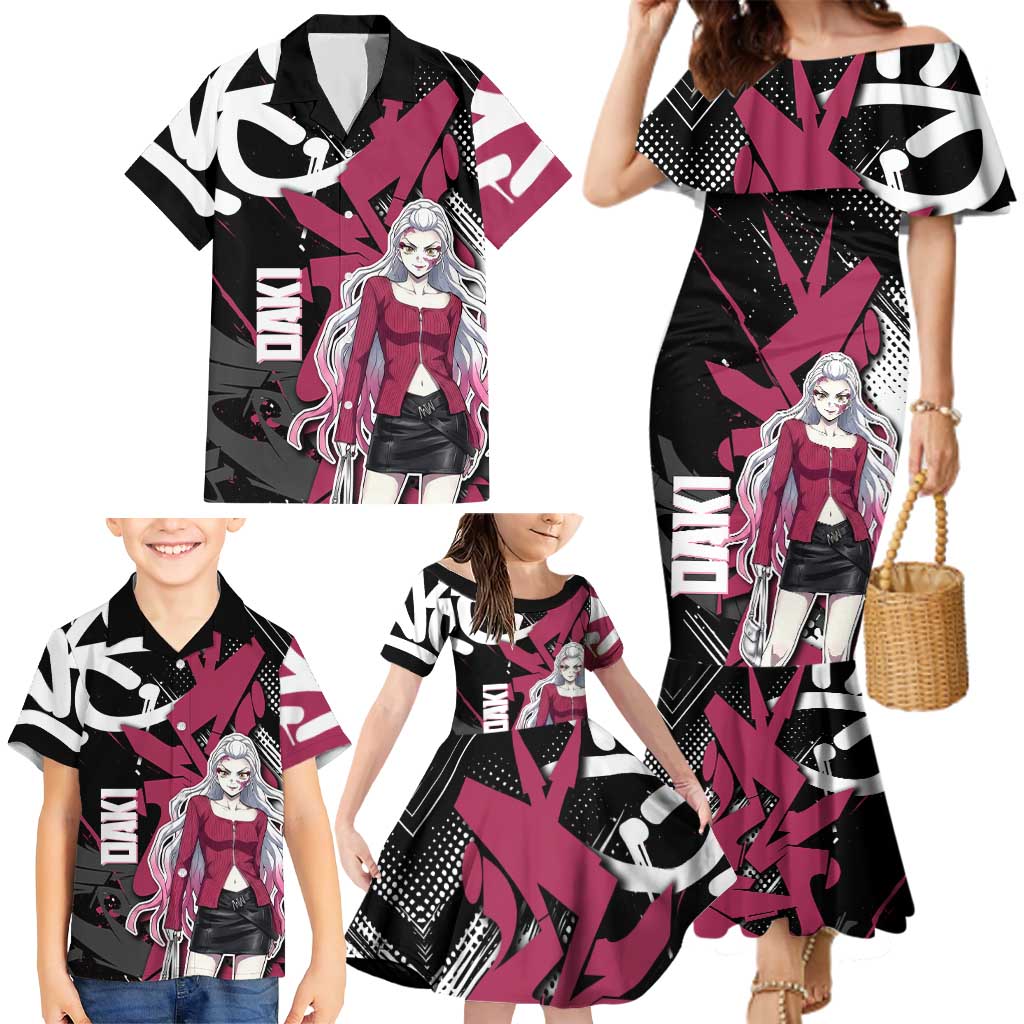 Daki Demon Slayer Family Matching Mermaid Dress and Hawaiian Shirt Pink Graffiti Anime Aesthetic