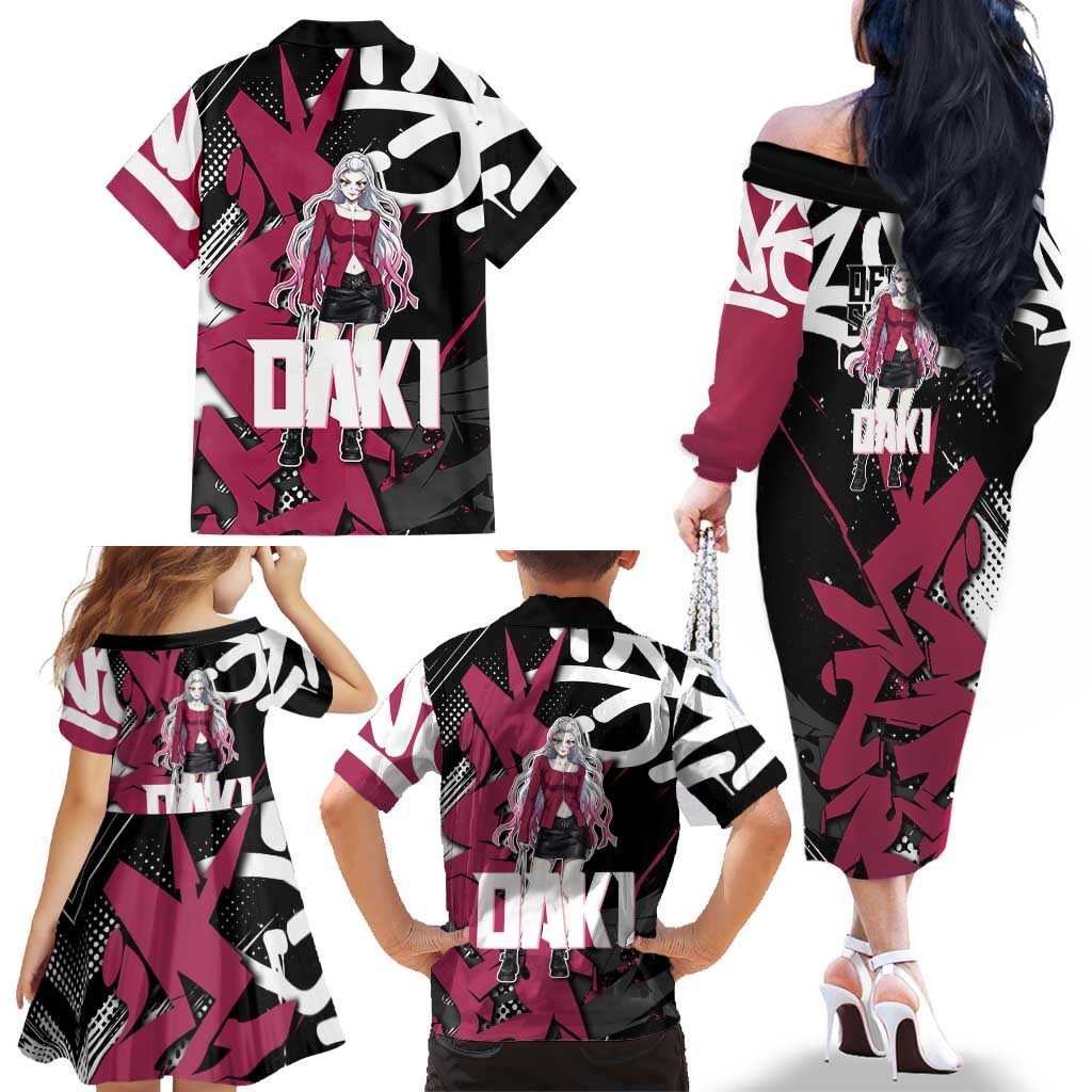 Daki Demon Slayer Family Matching Off The Shoulder Long Sleeve Dress and Hawaiian Shirt Pink Graffiti Anime Aesthetic
