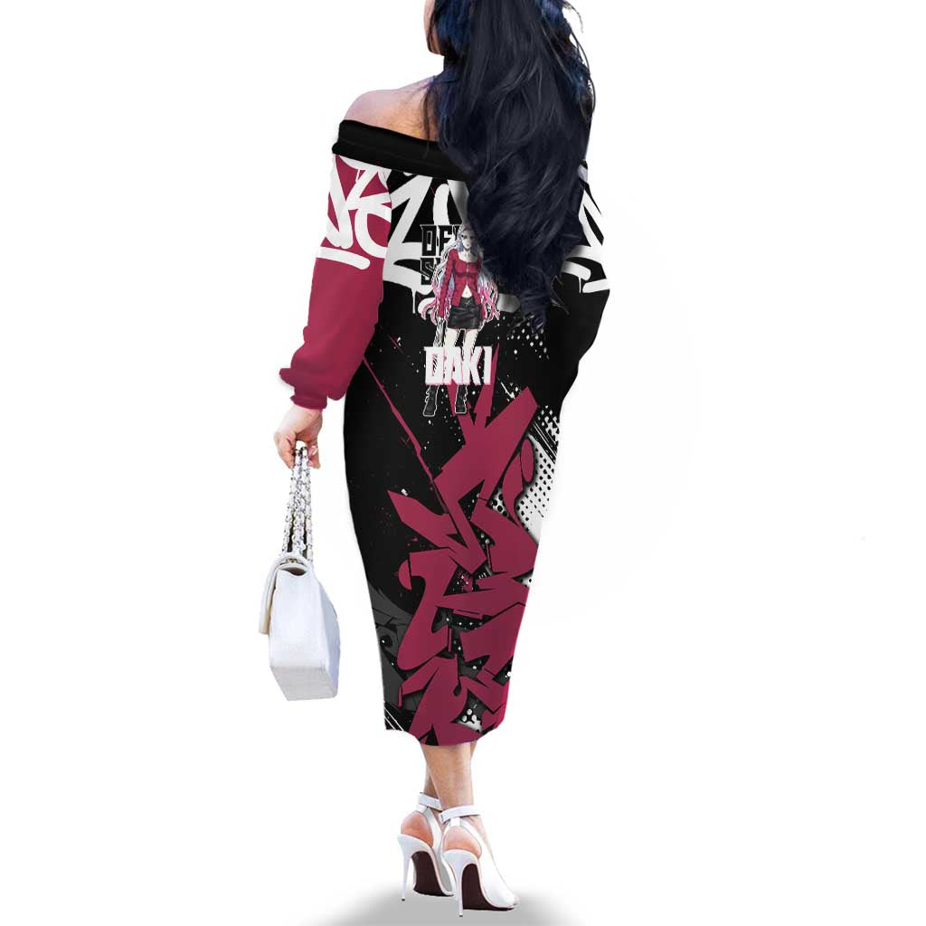 Daki Demon Slayer Family Matching Off The Shoulder Long Sleeve Dress and Hawaiian Shirt Pink Graffiti Anime Aesthetic