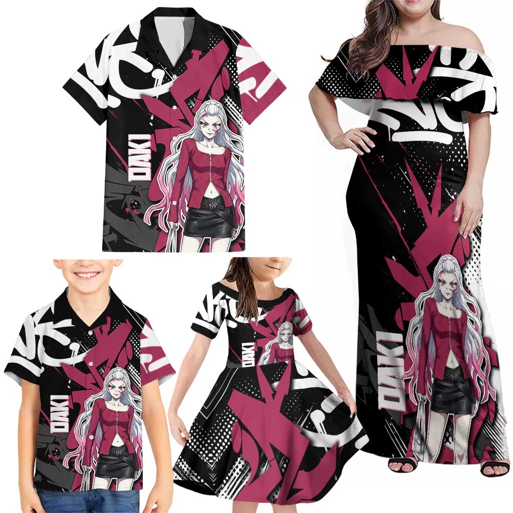 Daki Demon Slayer Family Matching Off Shoulder Maxi Dress and Hawaiian Shirt Pink Graffiti Anime Aesthetic