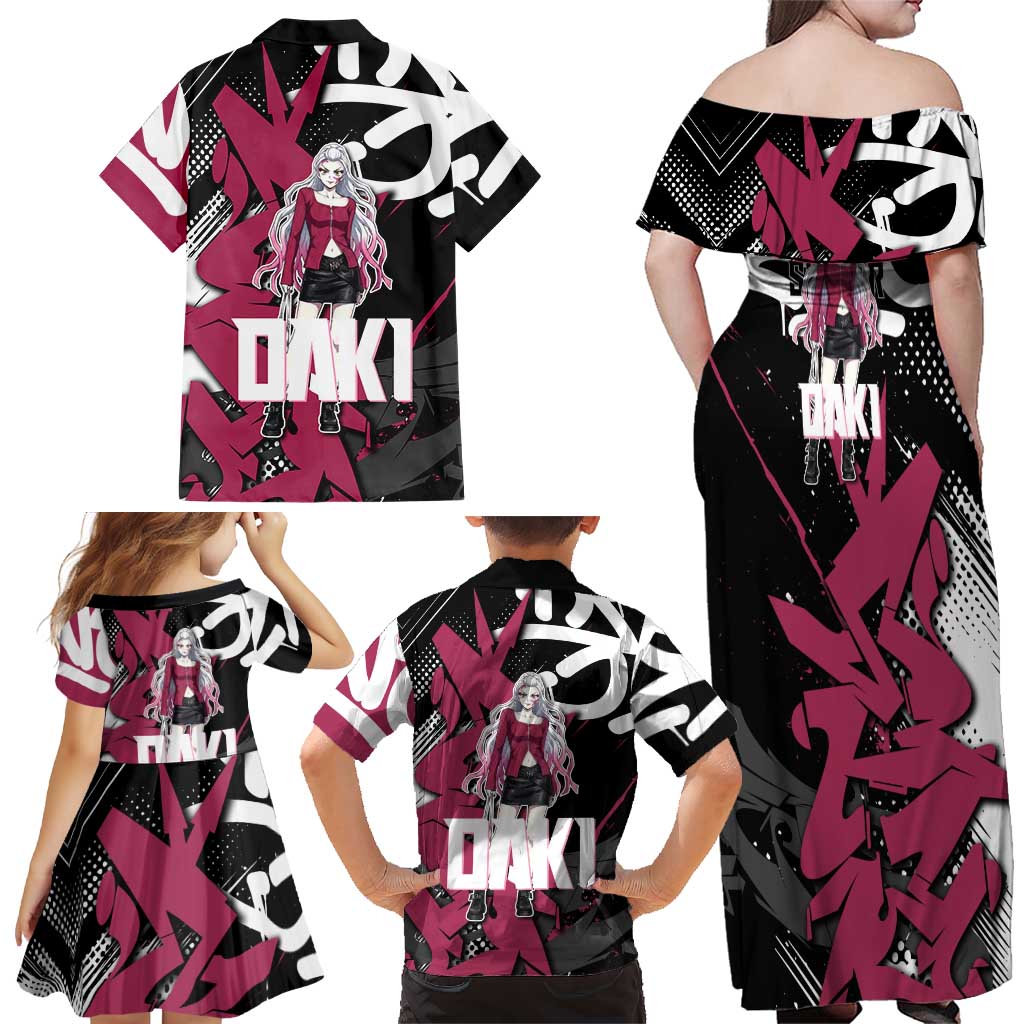 Daki Demon Slayer Family Matching Off Shoulder Maxi Dress and Hawaiian Shirt Pink Graffiti Anime Aesthetic
