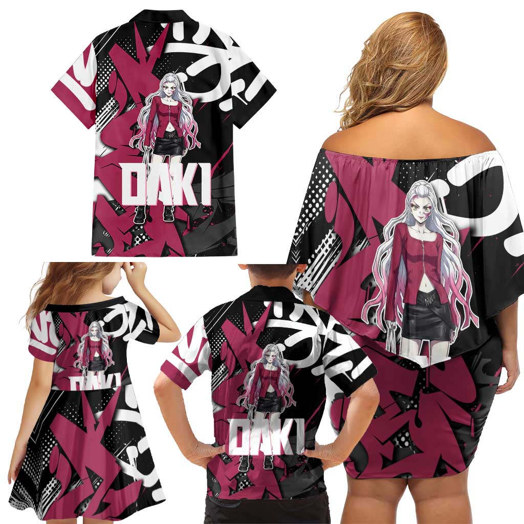 Daki Demon Slayer Family Matching Off Shoulder Short Dress and Hawaiian Shirt Pink Graffiti Anime Aesthetic