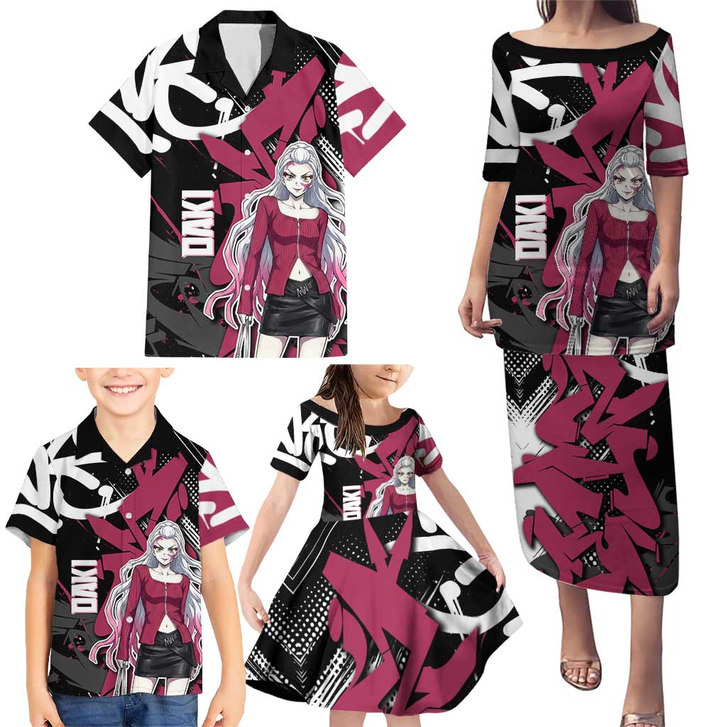 Daki Demon Slayer Family Matching Puletasi and Hawaiian Shirt Pink Graffiti Anime Aesthetic