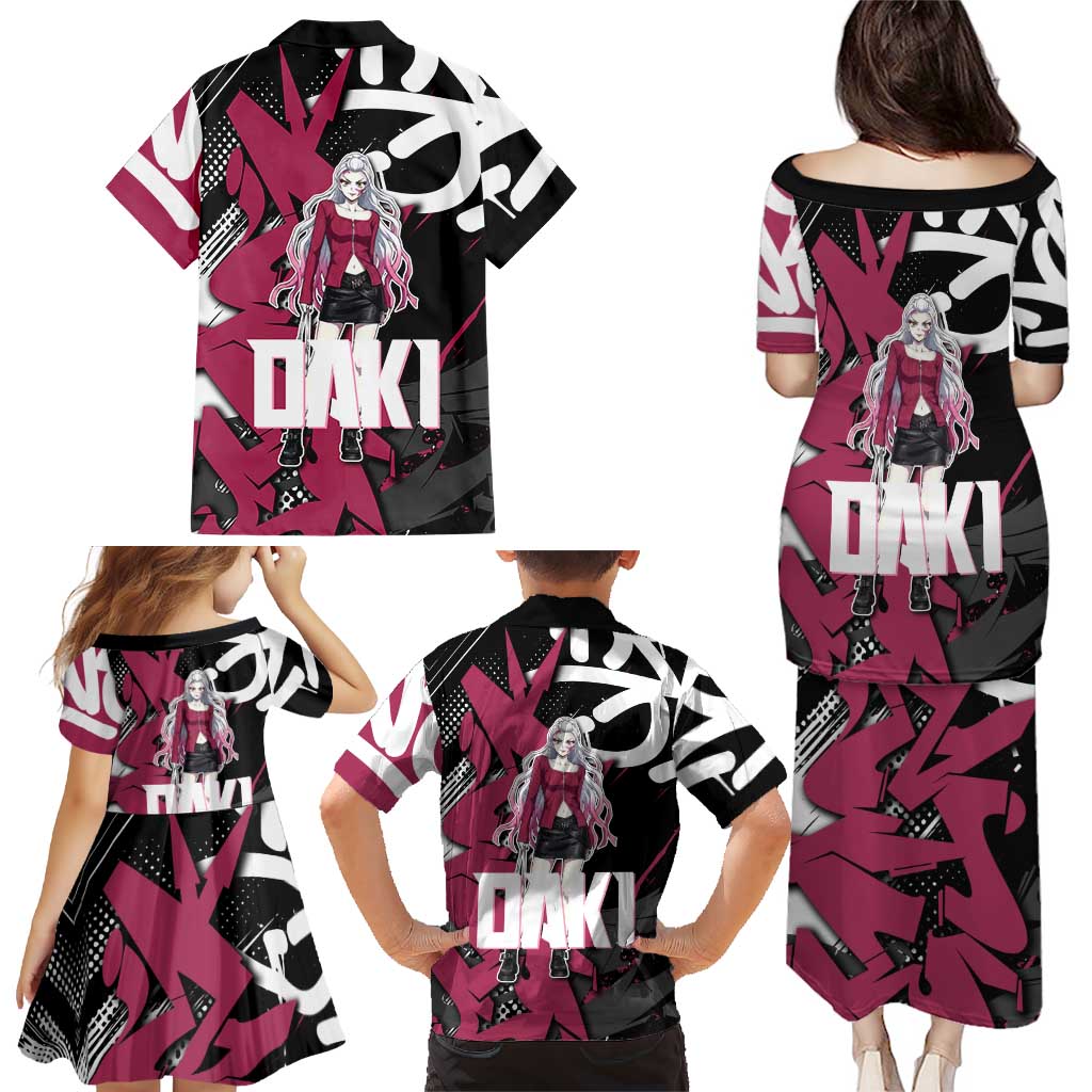 Daki Demon Slayer Family Matching Puletasi and Hawaiian Shirt Pink Graffiti Anime Aesthetic