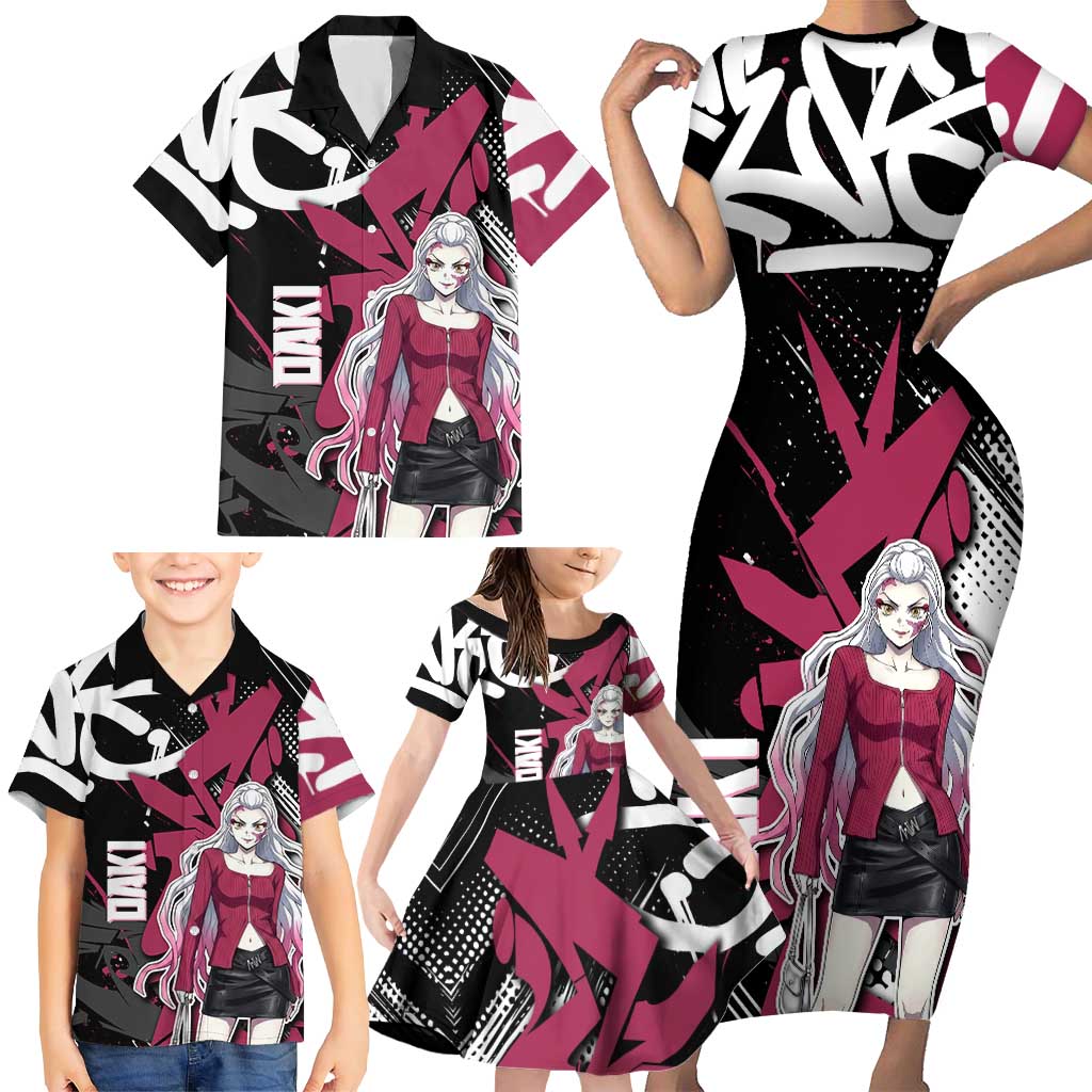 Daki Demon Slayer Family Matching Short Sleeve Bodycon Dress and Hawaiian Shirt Pink Graffiti Anime Aesthetic