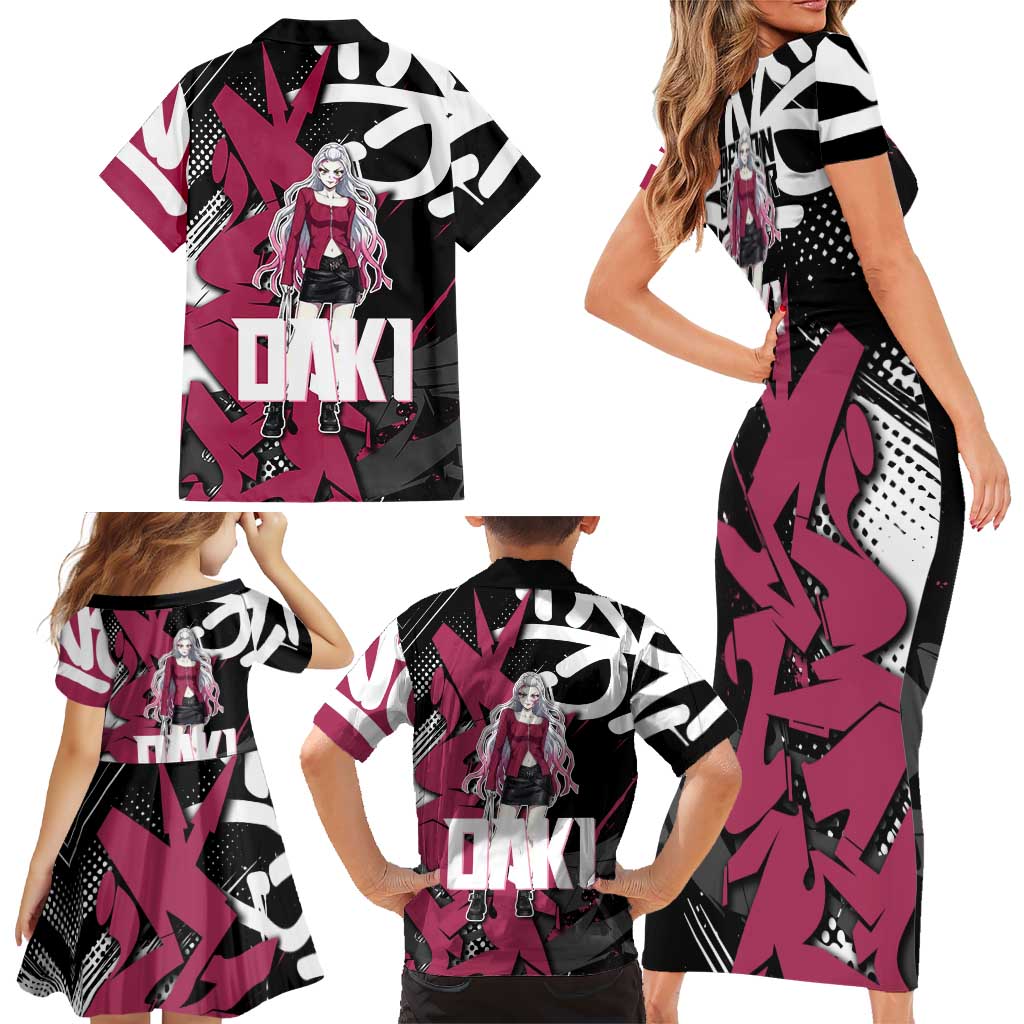 Daki Demon Slayer Family Matching Short Sleeve Bodycon Dress and Hawaiian Shirt Pink Graffiti Anime Aesthetic