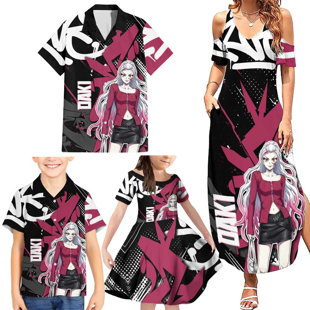 Daki Demon Slayer Family Matching Summer Maxi Dress and Hawaiian Shirt Pink Graffiti Anime Aesthetic