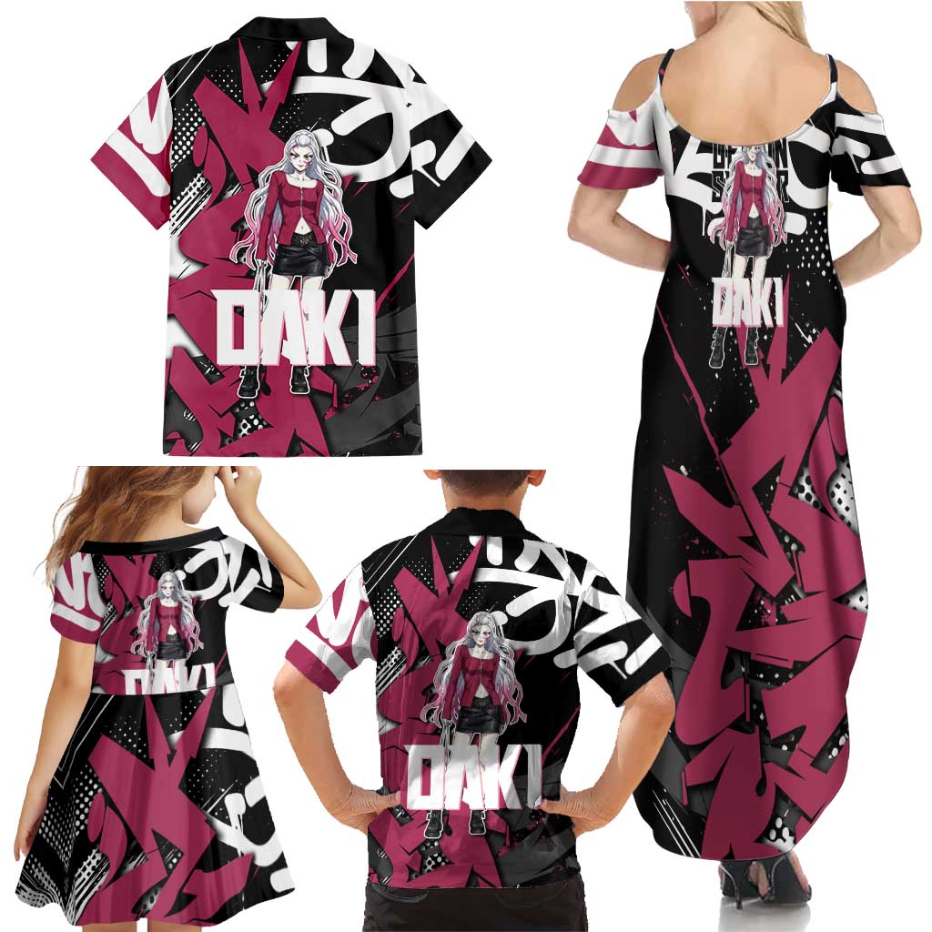 Daki Demon Slayer Family Matching Summer Maxi Dress and Hawaiian Shirt Pink Graffiti Anime Aesthetic
