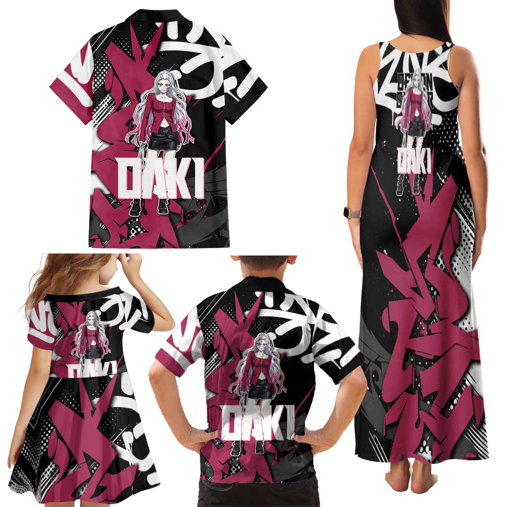 Daki Demon Slayer Family Matching Tank Maxi Dress and Hawaiian Shirt Pink Graffiti Anime Aesthetic