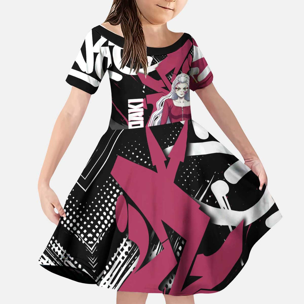 Daki Demon Slayer Kid Short Sleeve Dress Pink Graffiti Anime Aesthetic
