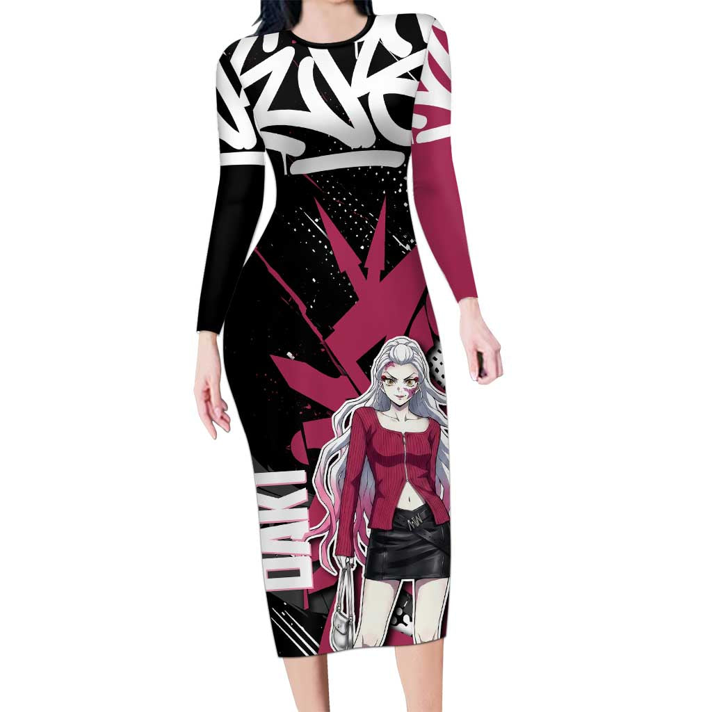 Daki Demon Slayer Long Sleeve Bodycon Dress Pink Graffiti Anime Aesthetic