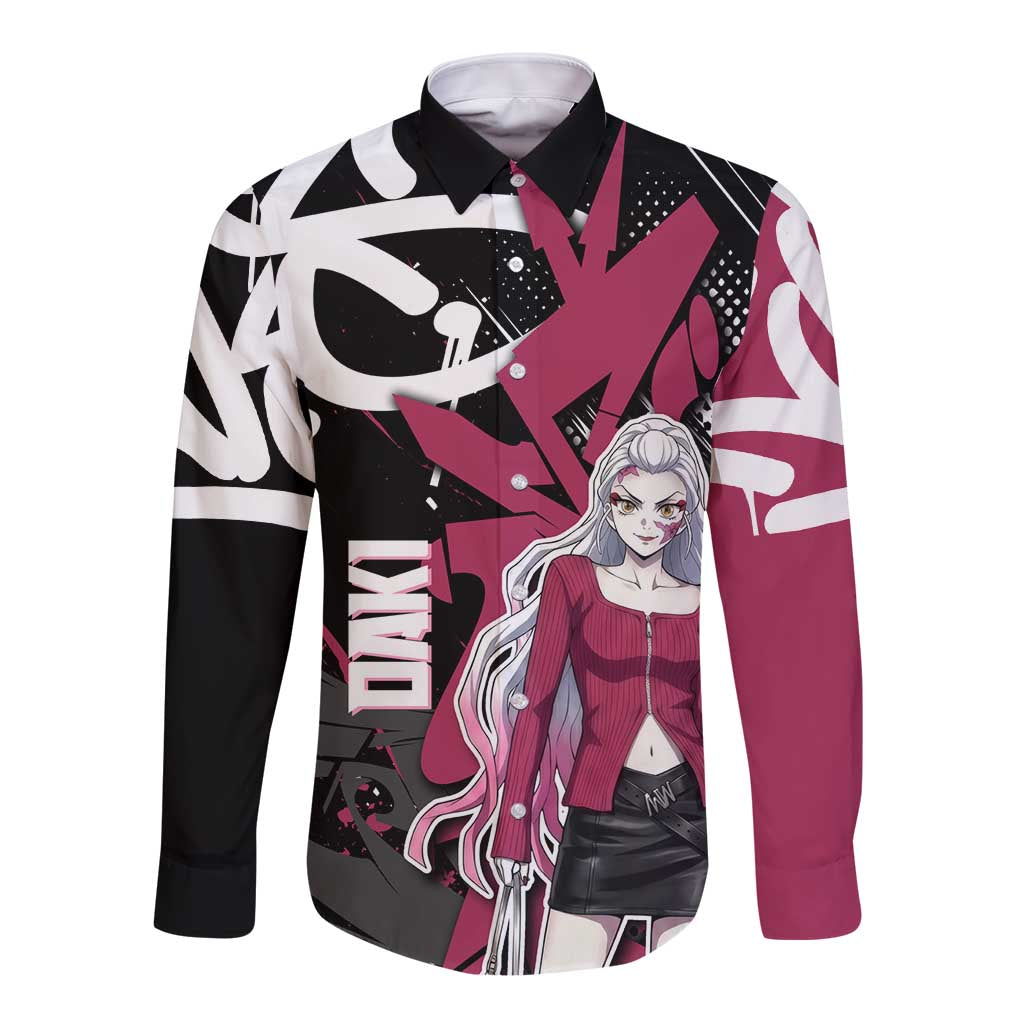 Daki Demon Slayer Long Sleeve Button Shirt Pink Graffiti Anime Aesthetic