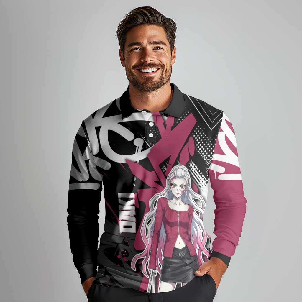 Daki Demon Slayer Long Sleeve Polo Shirt Pink Graffiti Anime Aesthetic