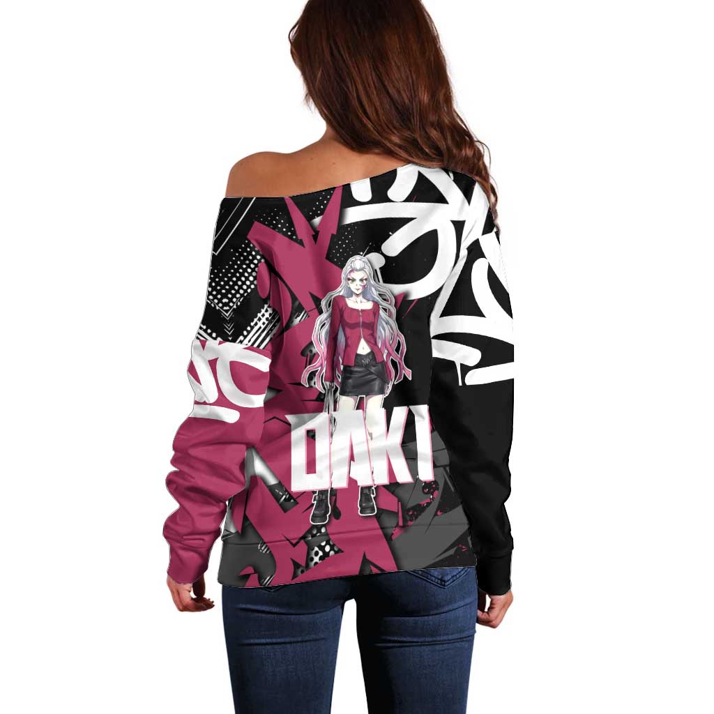 Daki Demon Slayer Off Shoulder Sweater Pink Graffiti Anime Aesthetic