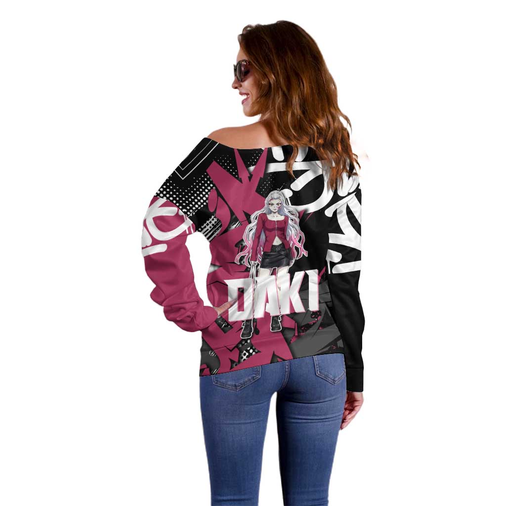 Daki Demon Slayer Off Shoulder Sweater Pink Graffiti Anime Aesthetic