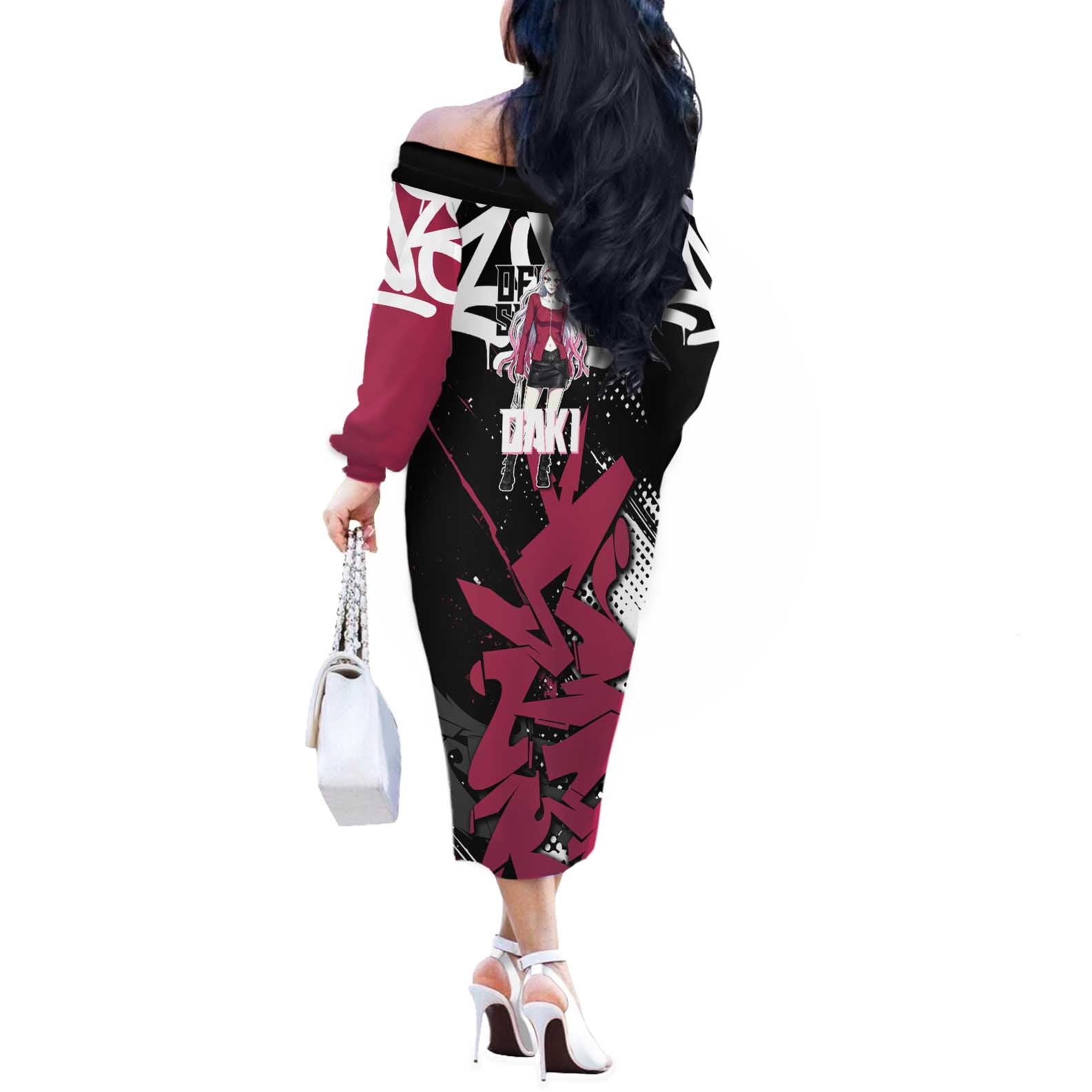 Daki Demon Slayer Off The Shoulder Long Sleeve Dress Pink Graffiti Anime Aesthetic