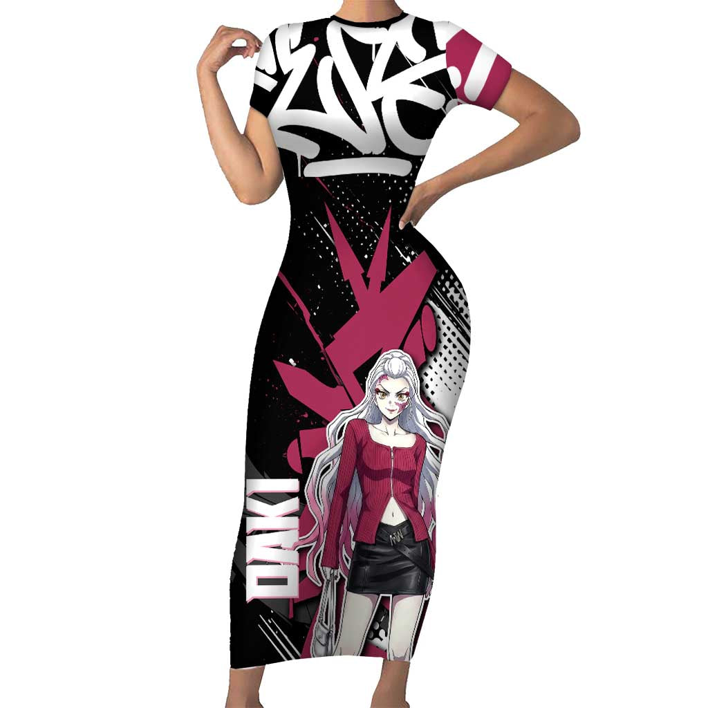 Daki Demon Slayer Short Sleeve Bodycon Dress Pink Graffiti Anime Aesthetic