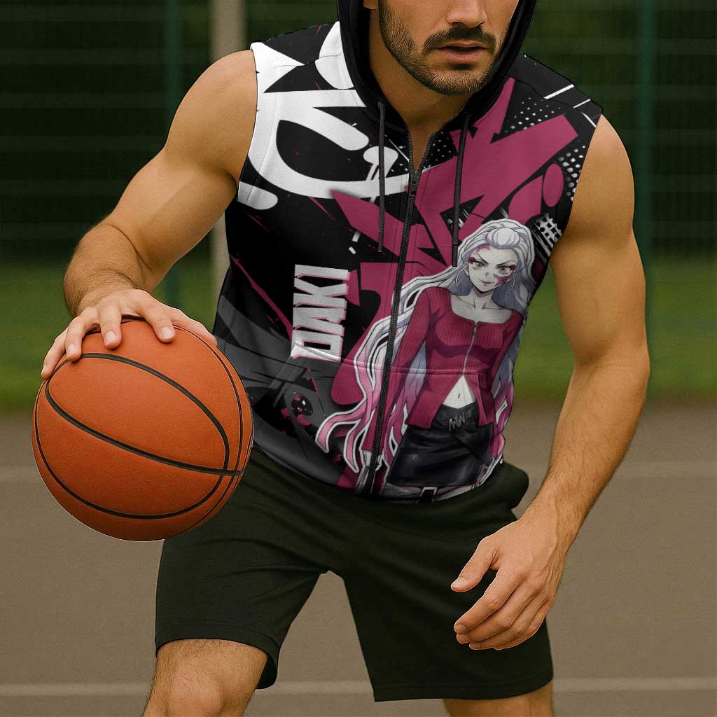 Daki Demon Slayer Sleeveless Zip Hoodie Pink Graffiti Anime Aesthetic