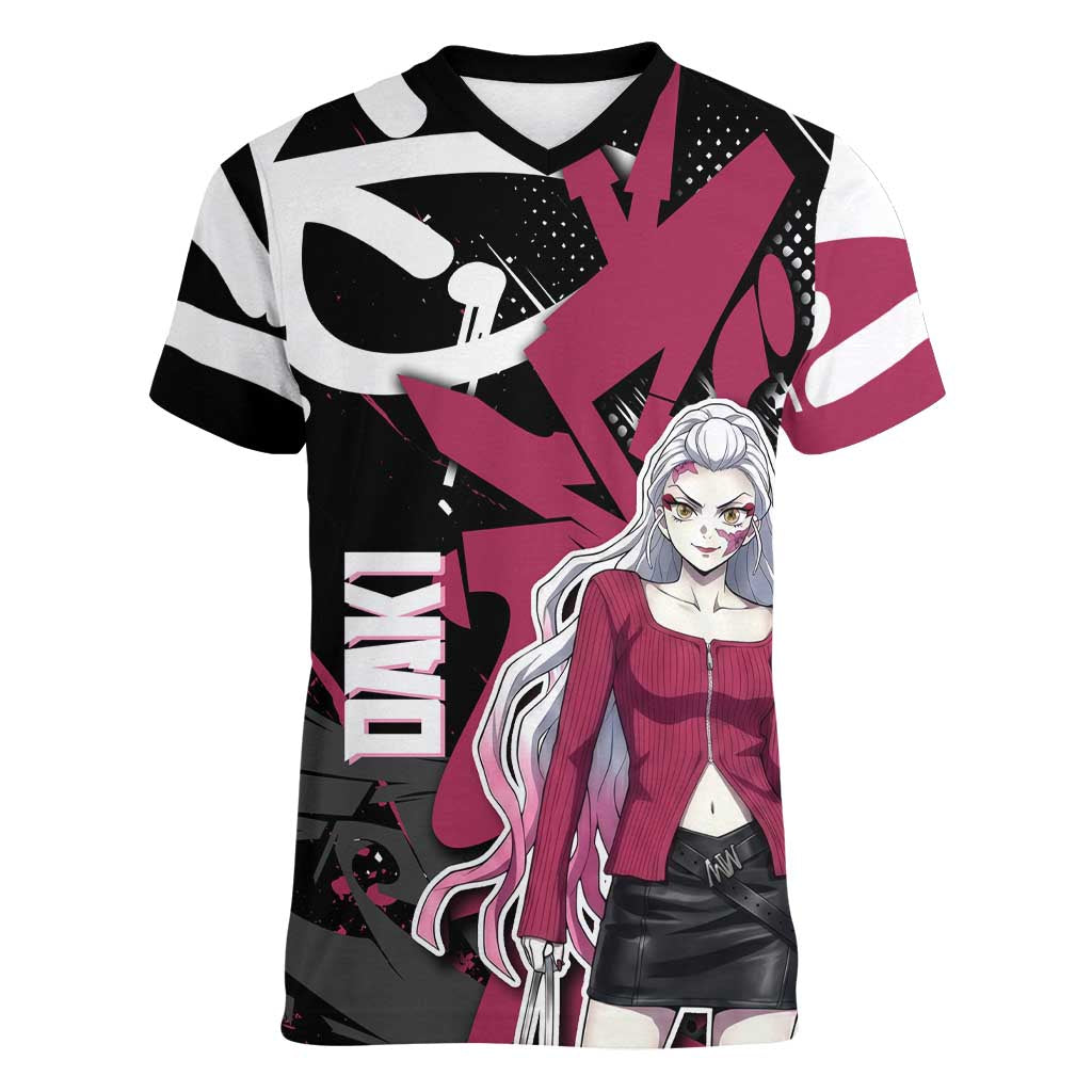 Daki Demon Slayer Women V-Neck T-Shirt Pink Graffiti Anime Aesthetic