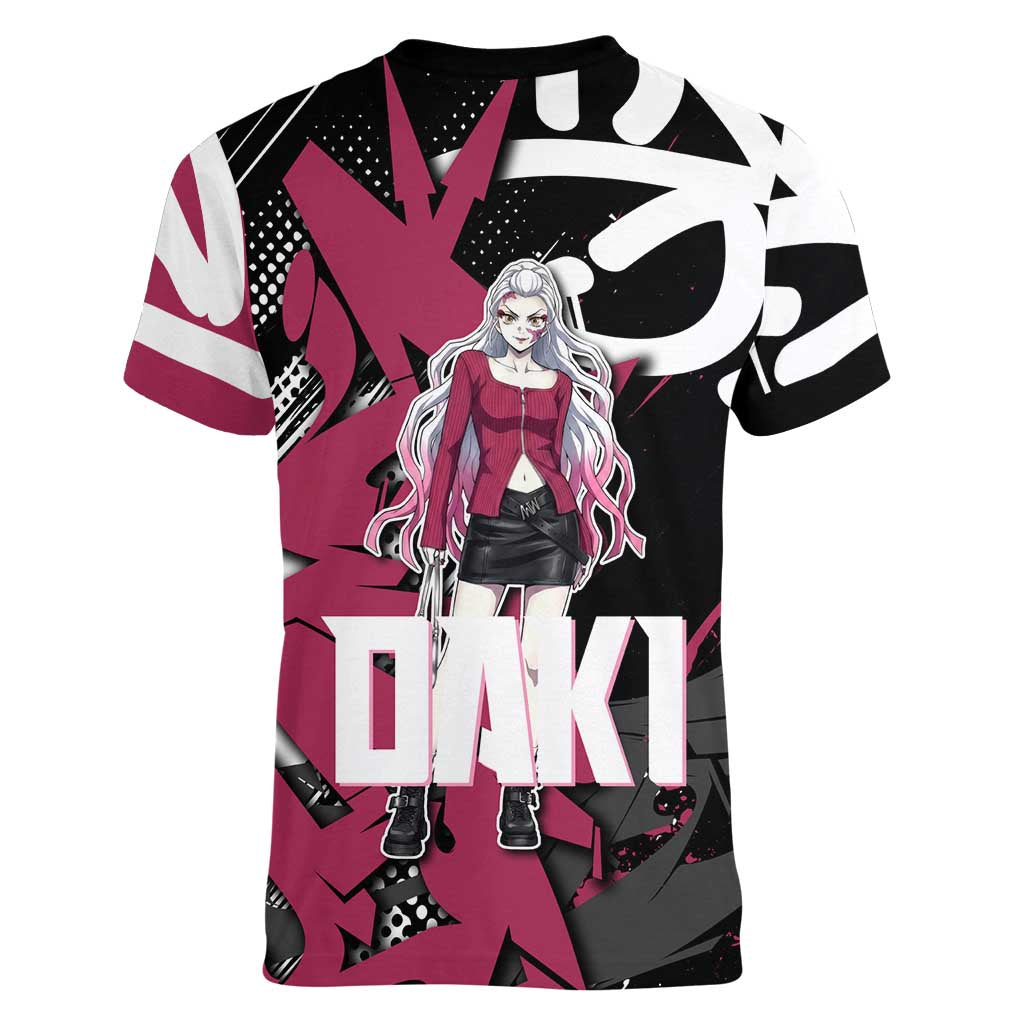 Daki Demon Slayer Women V-Neck T-Shirt Pink Graffiti Anime Aesthetic
