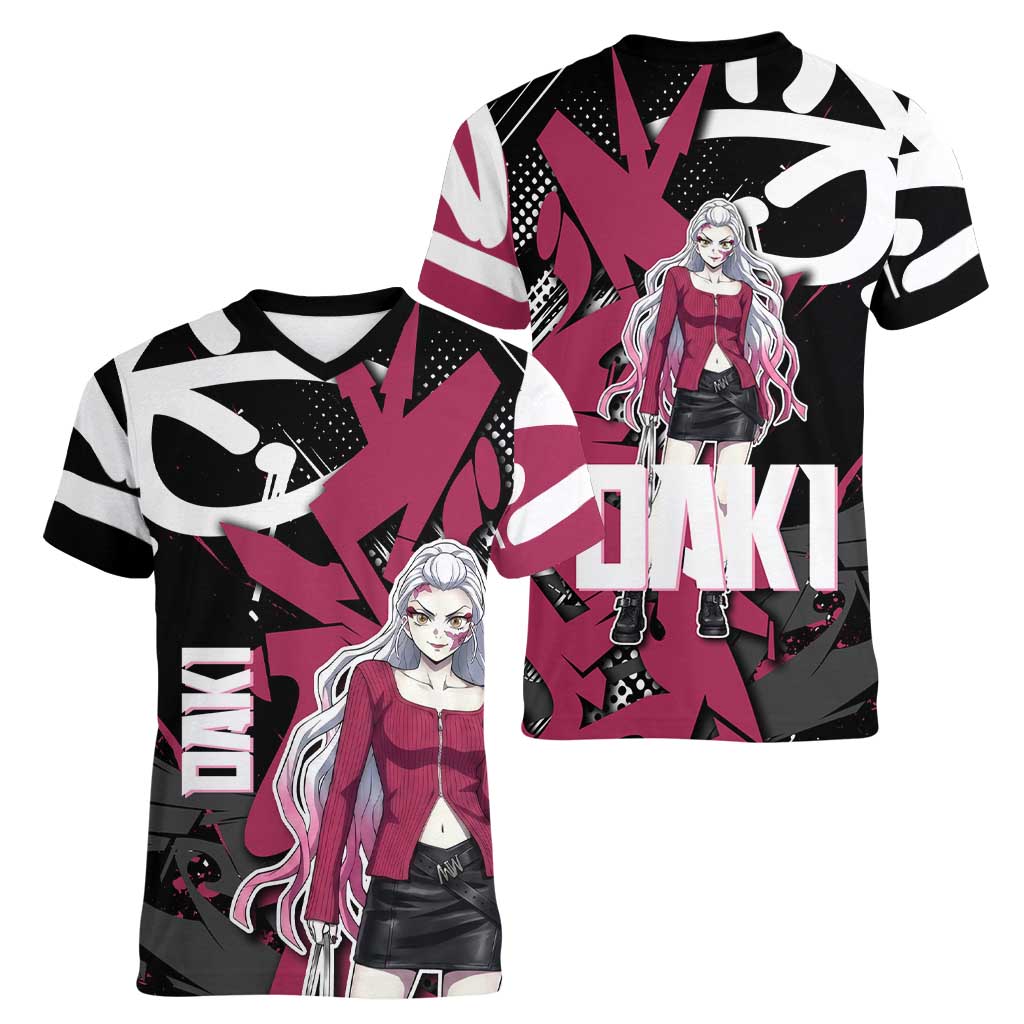 Daki Demon Slayer Women V-Neck T-Shirt Pink Graffiti Anime Aesthetic