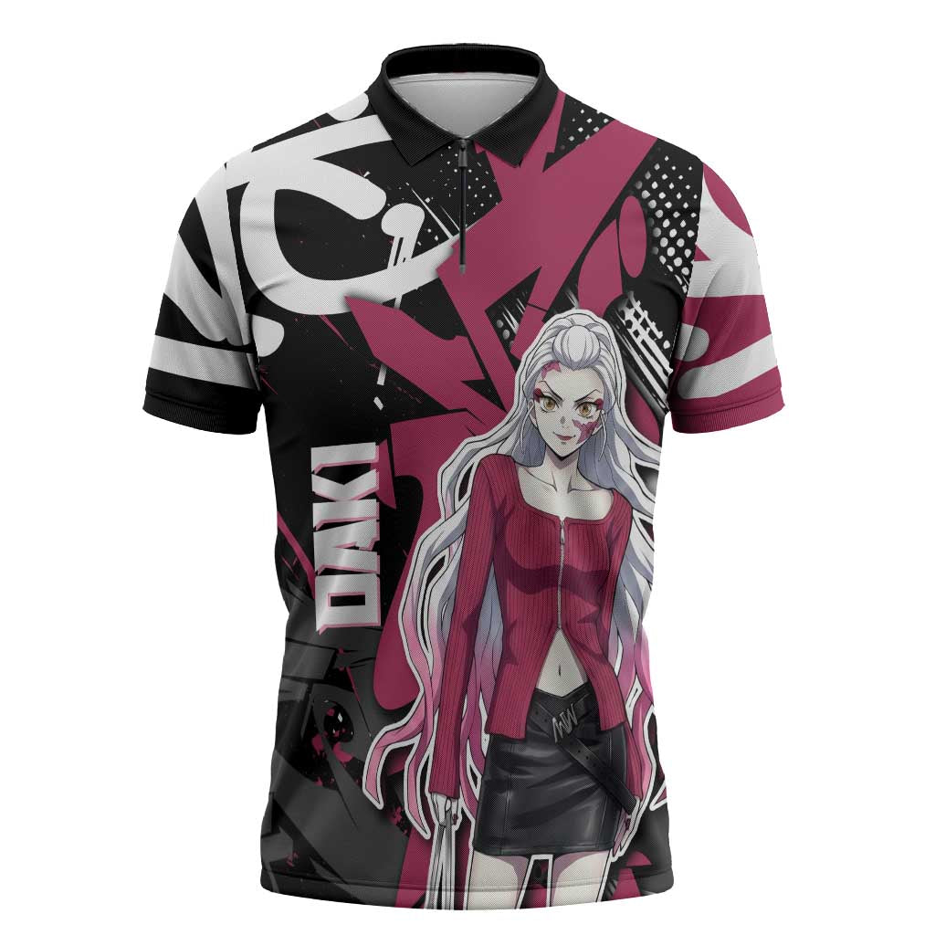 Daki Demon Slayer Zipper Polo Shirt Pink Graffiti Anime Aesthetic