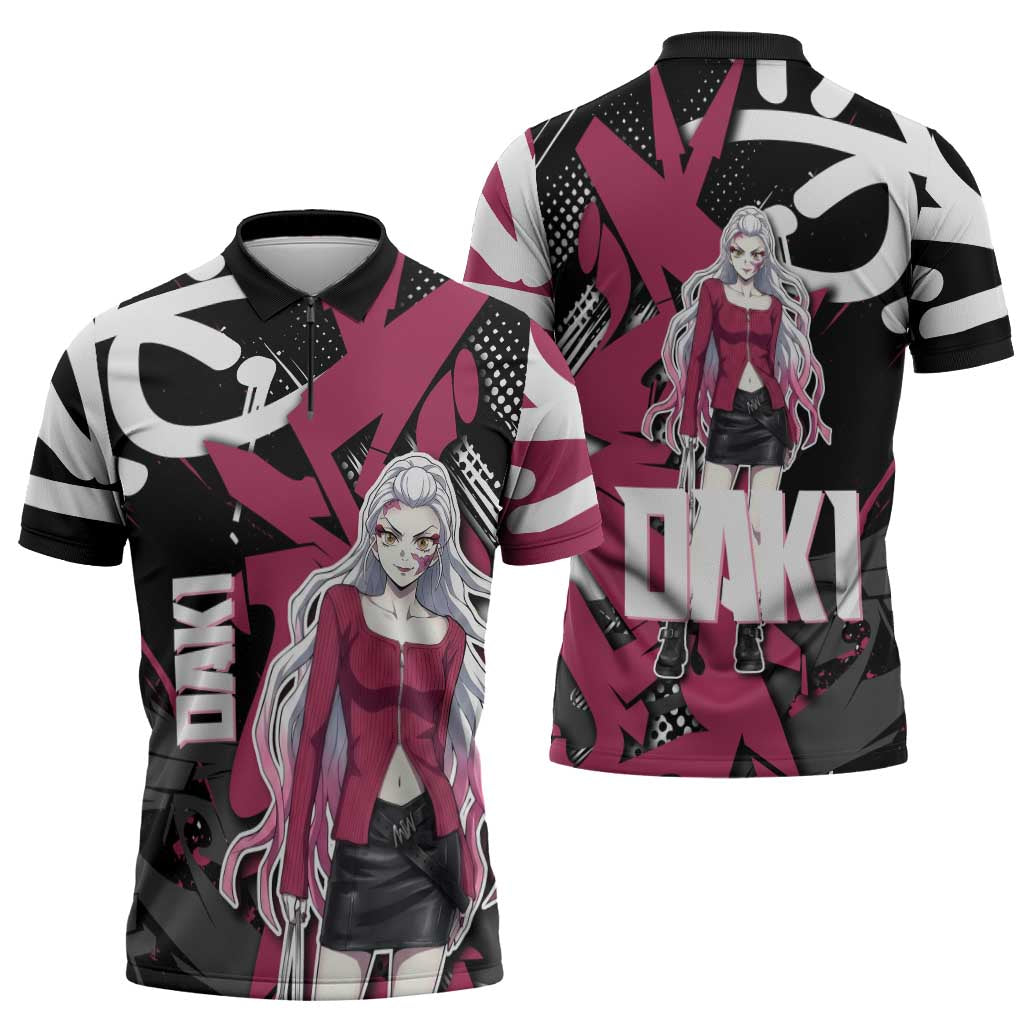 Daki Demon Slayer Zipper Polo Shirt Pink Graffiti Anime Aesthetic