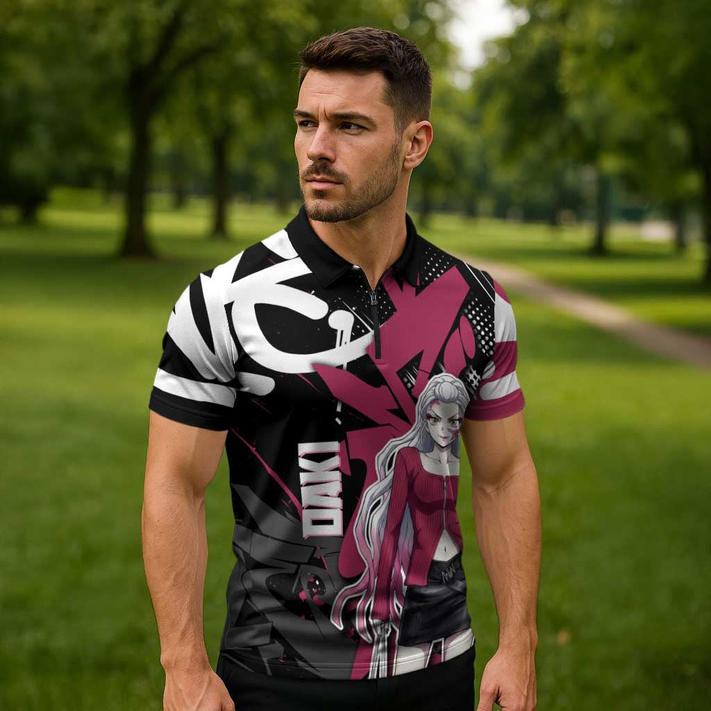 Daki Demon Slayer Zipper Polo Shirt Pink Graffiti Anime Aesthetic