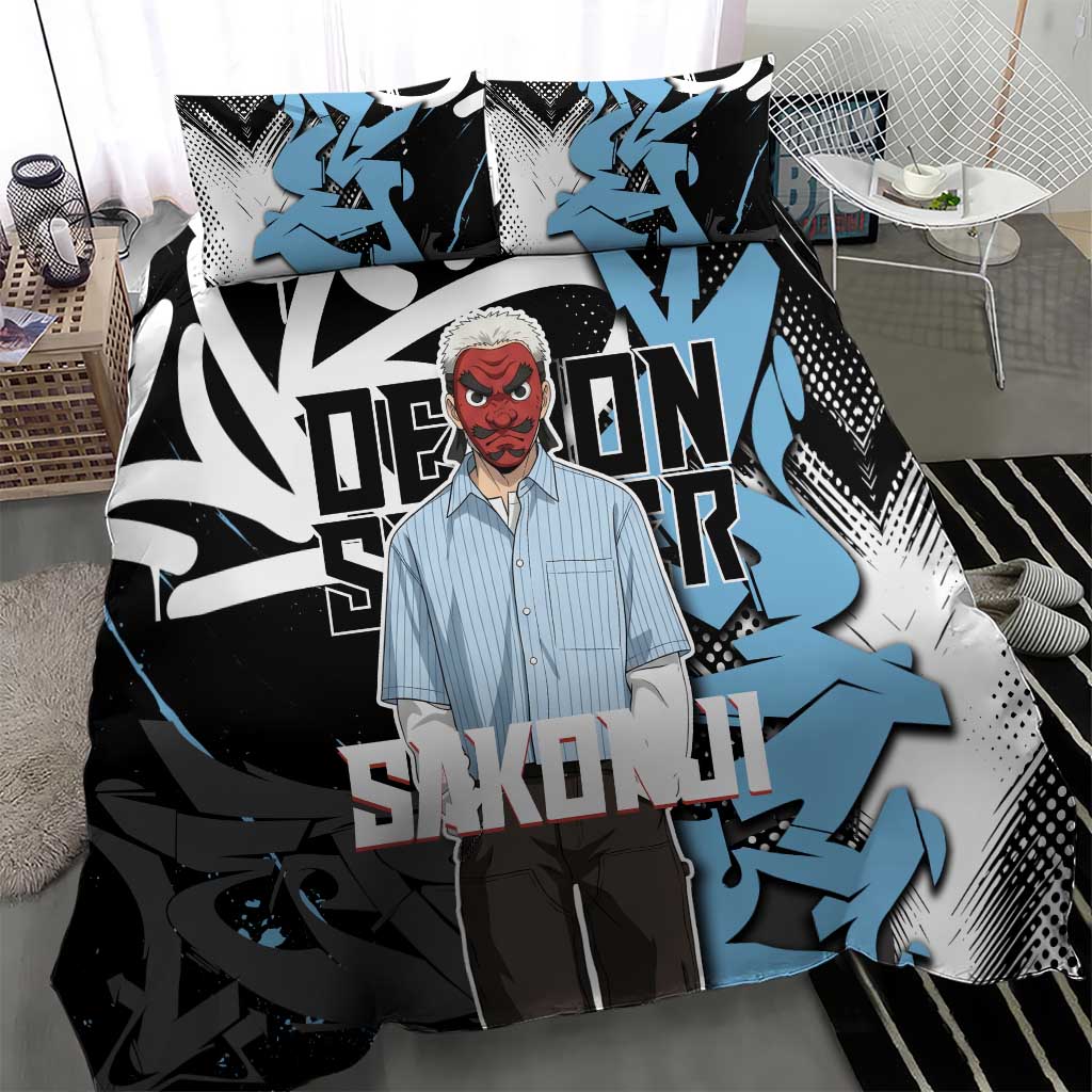 Sakonji Demon Slayer Bedding Set Blue Graffiti Anime Style