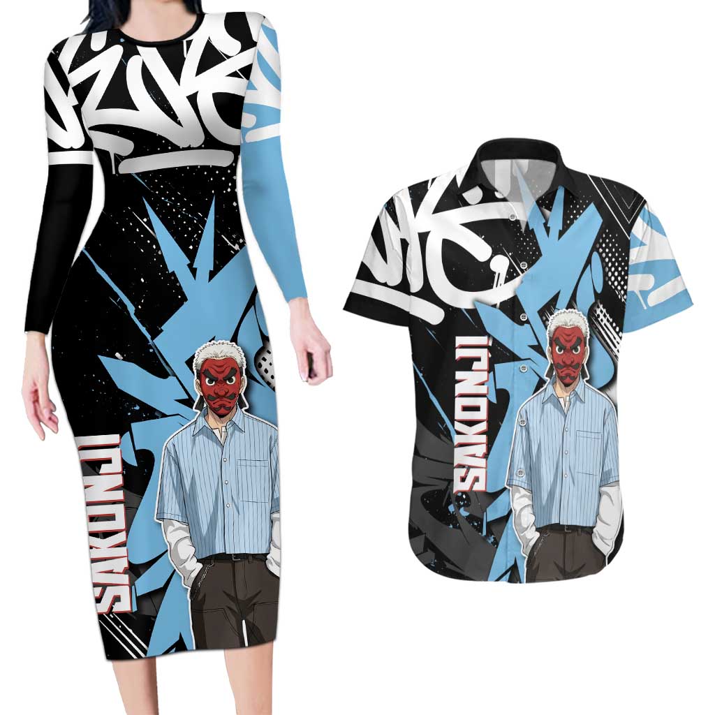 Sakonji Demon Slayer Couples Matching Long Sleeve Bodycon Dress and Hawaiian Shirt Blue Graffiti Anime Style