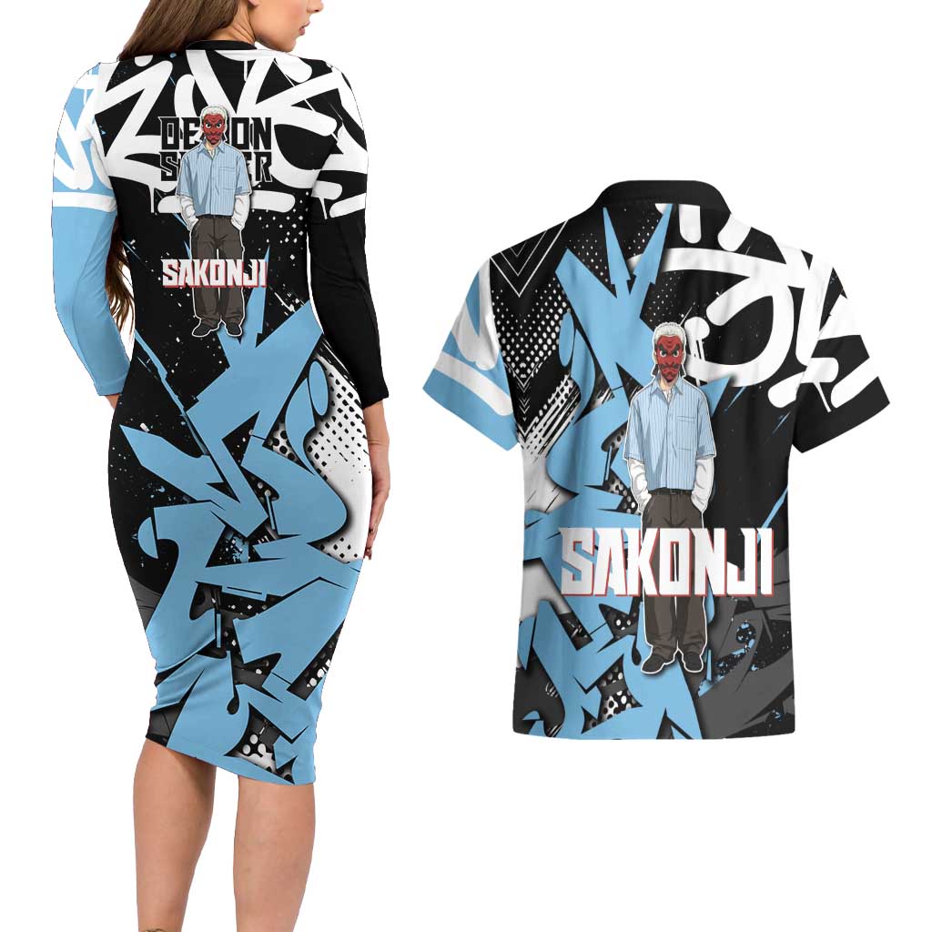 Sakonji Demon Slayer Couples Matching Long Sleeve Bodycon Dress and Hawaiian Shirt Blue Graffiti Anime Style