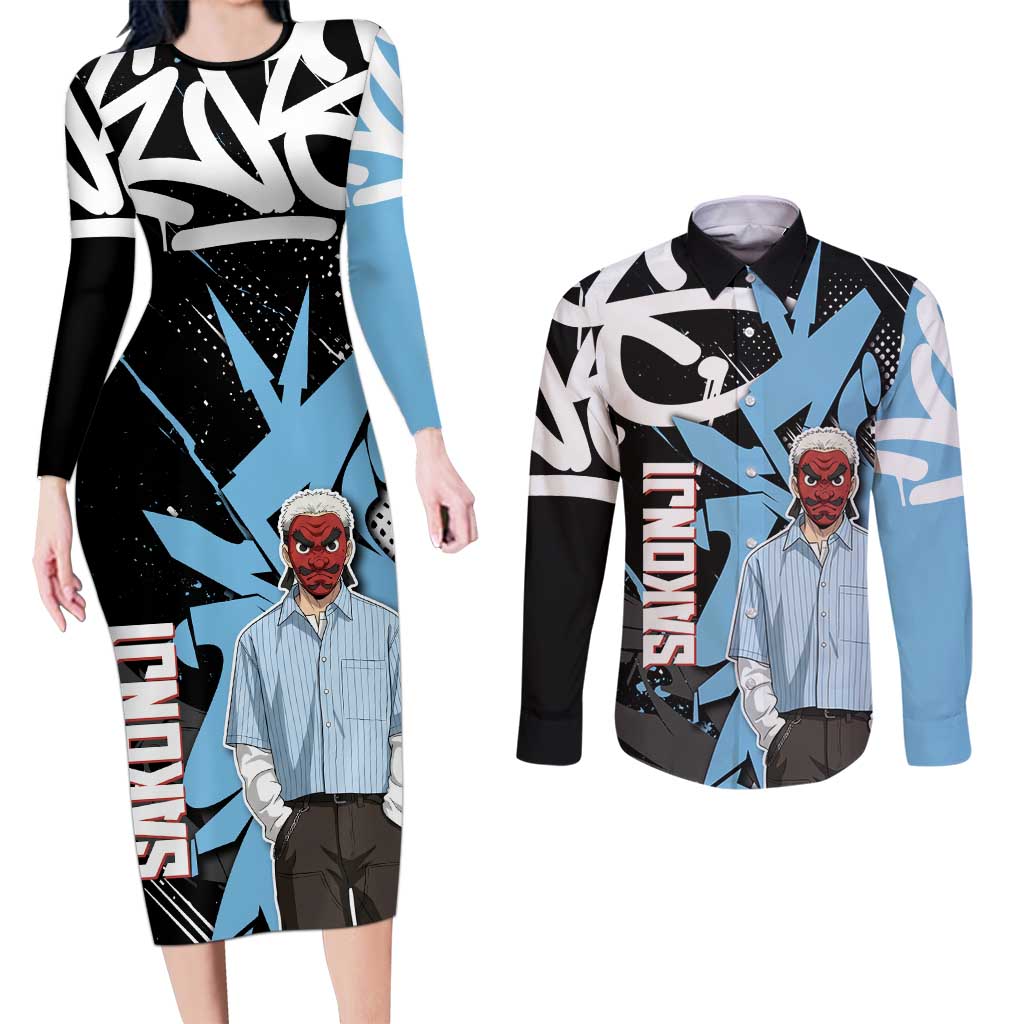 Sakonji Demon Slayer Couples Matching Long Sleeve Bodycon Dress and Long Sleeve Button Shirt Blue Graffiti Anime Style