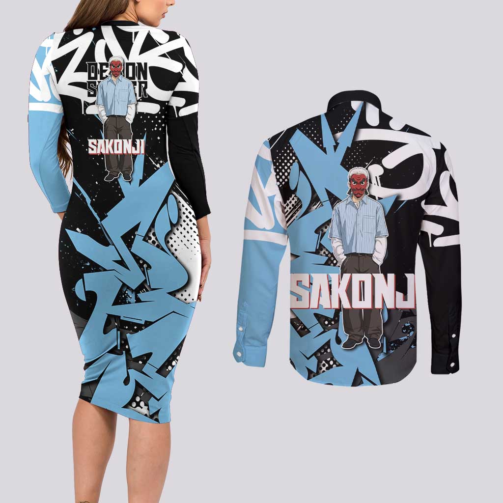 Sakonji Demon Slayer Couples Matching Long Sleeve Bodycon Dress and Long Sleeve Button Shirt Blue Graffiti Anime Style