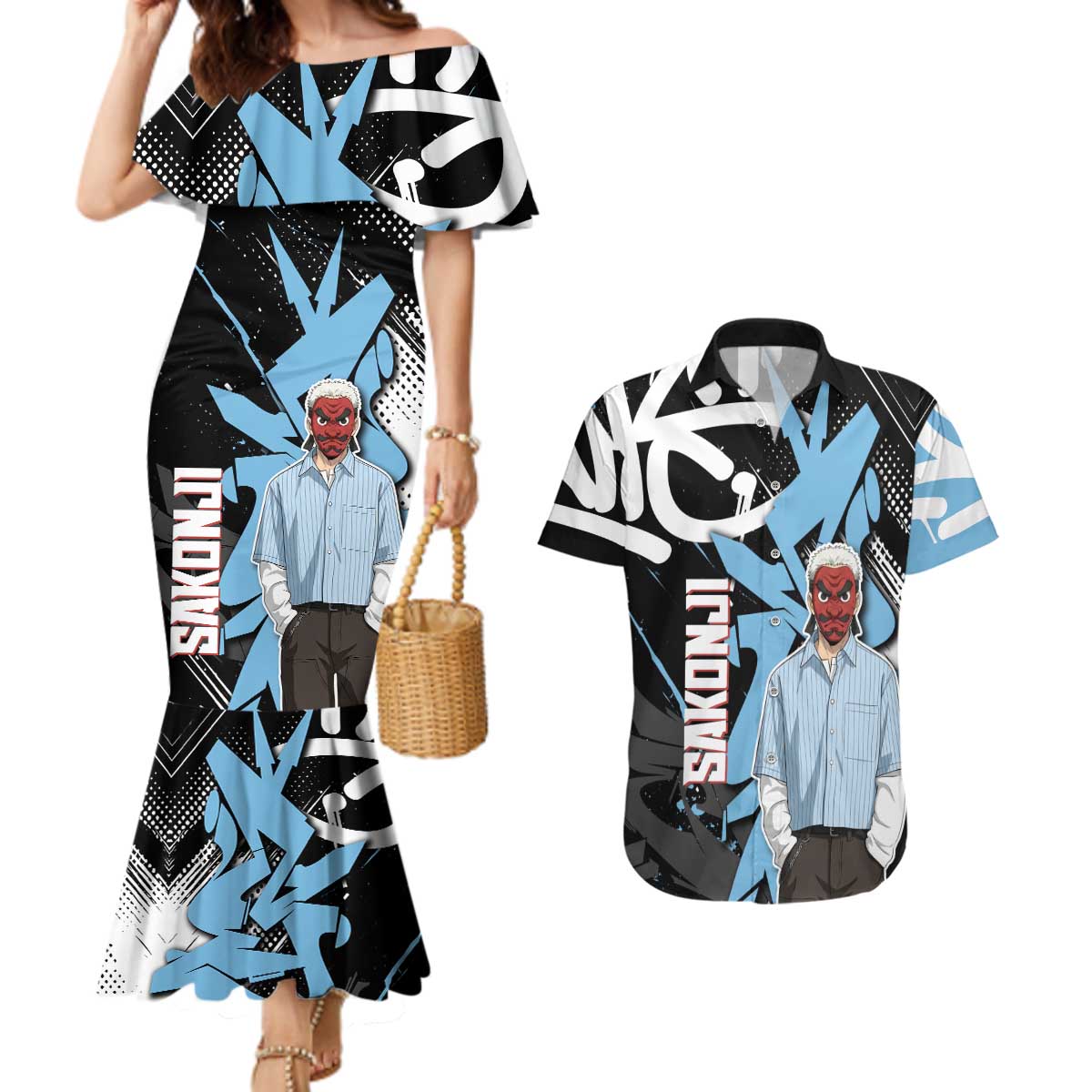 Sakonji Demon Slayer Couples Matching Mermaid Dress and Hawaiian Shirt Blue Graffiti Anime Style
