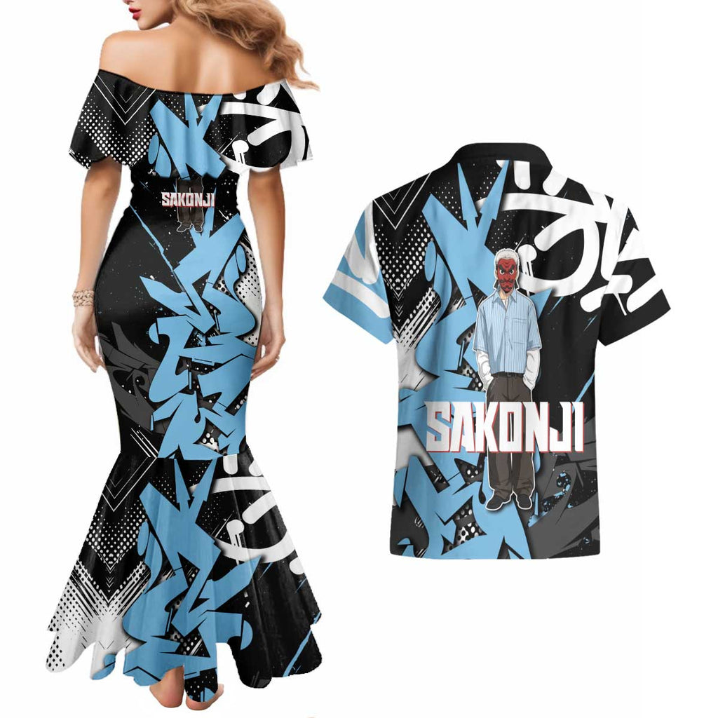 Sakonji Demon Slayer Couples Matching Mermaid Dress and Hawaiian Shirt Blue Graffiti Anime Style
