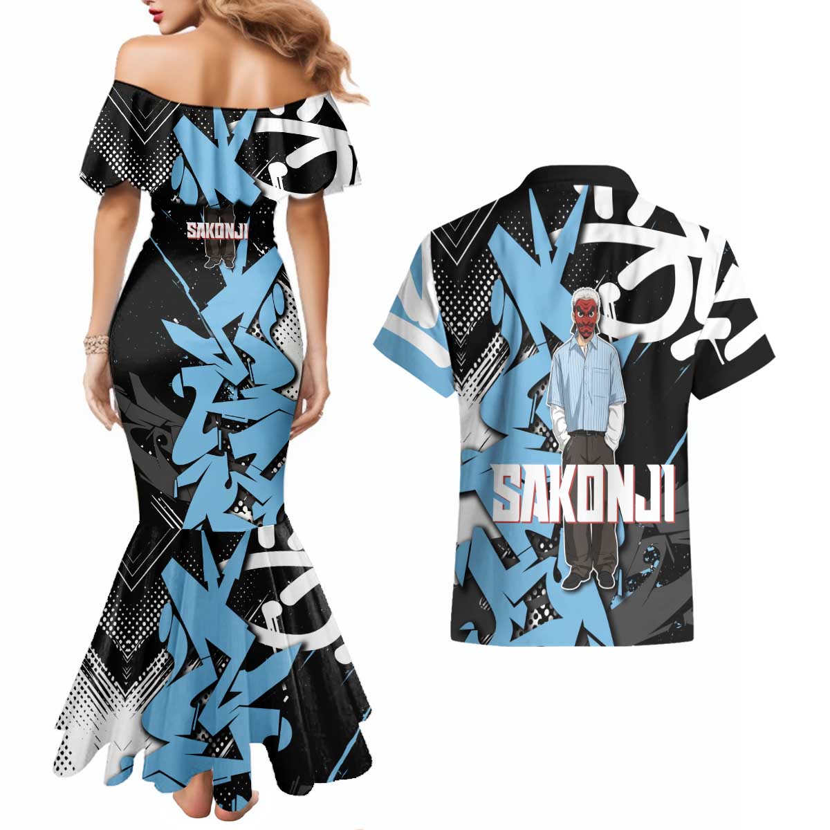 Sakonji Demon Slayer Couples Matching Mermaid Dress and Hawaiian Shirt Blue Graffiti Anime Style