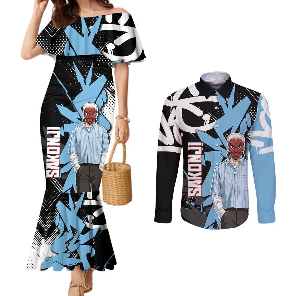 Sakonji Demon Slayer Couples Matching Mermaid Dress and Long Sleeve Button Shirt Blue Graffiti Anime Style