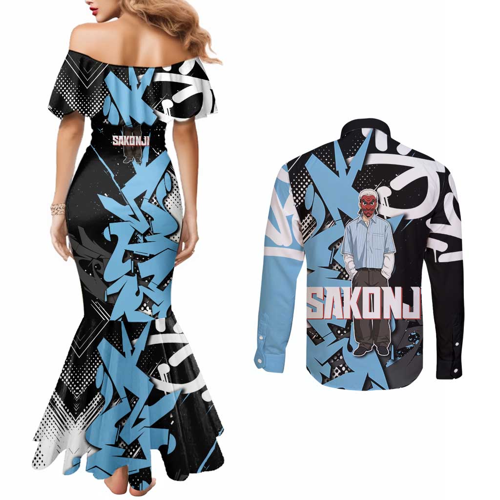 Sakonji Demon Slayer Couples Matching Mermaid Dress and Long Sleeve Button Shirt Blue Graffiti Anime Style