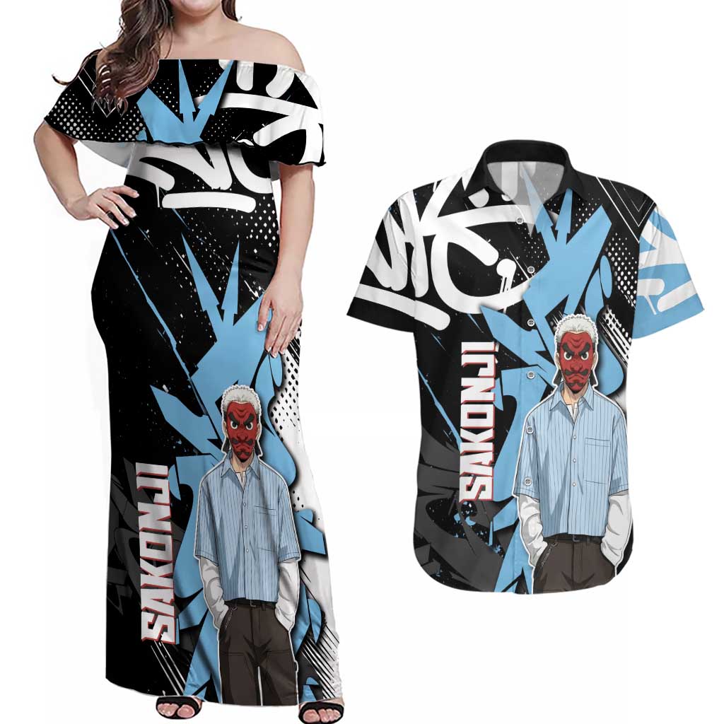 Sakonji Demon Slayer Couples Matching Off Shoulder Maxi Dress and Hawaiian Shirt Blue Graffiti Anime Style