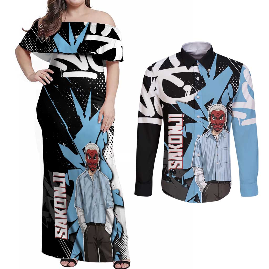 Sakonji Demon Slayer Couples Matching Off Shoulder Maxi Dress and Long Sleeve Button Shirt Blue Graffiti Anime Style