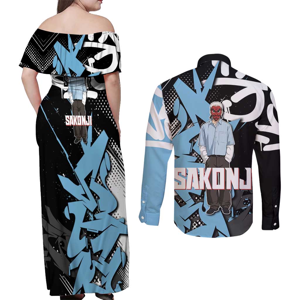 Sakonji Demon Slayer Couples Matching Off Shoulder Maxi Dress and Long Sleeve Button Shirt Blue Graffiti Anime Style