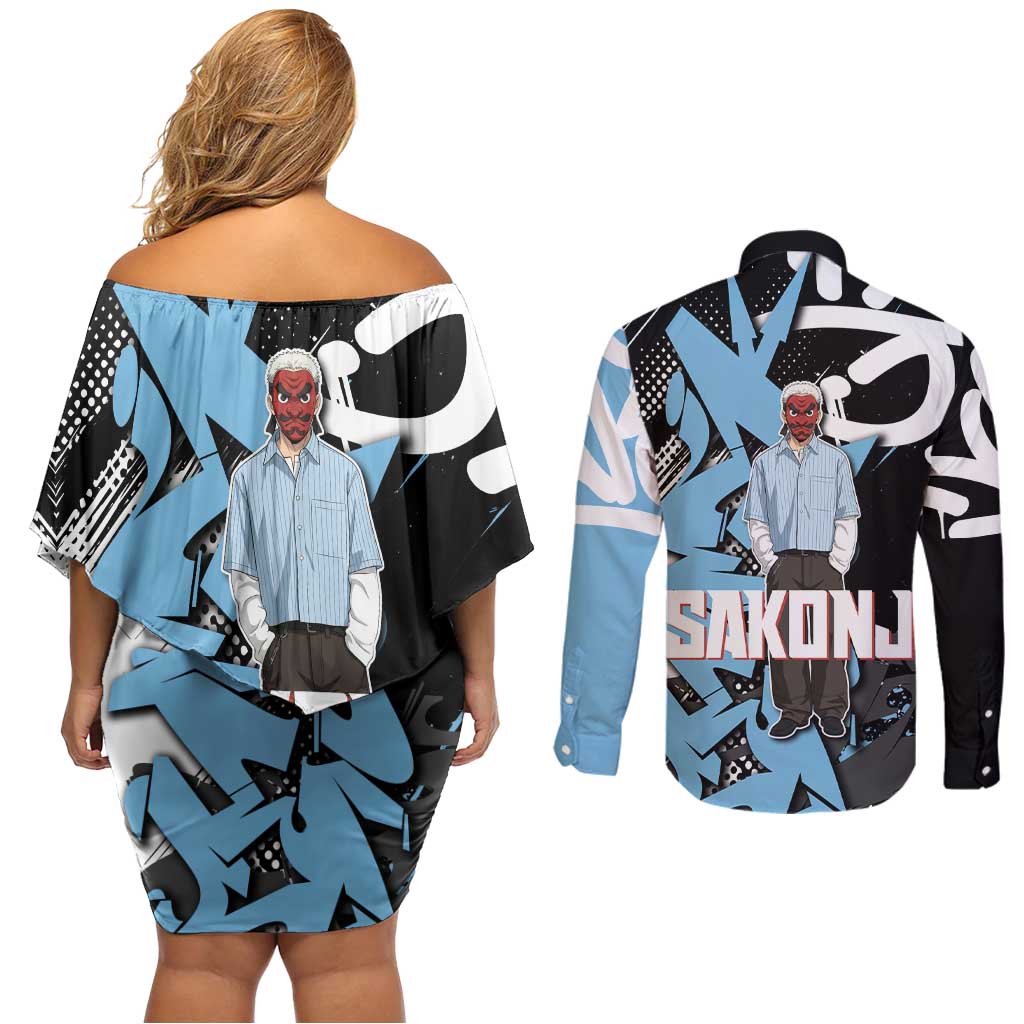 Sakonji Demon Slayer Couples Matching Off Shoulder Short Dress and Long Sleeve Button Shirt Blue Graffiti Anime Style