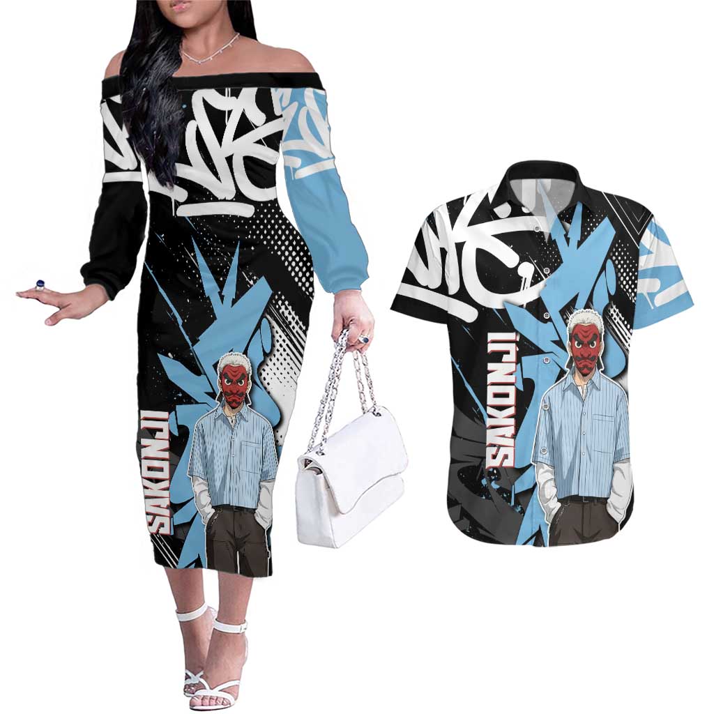 Sakonji Demon Slayer Couples Matching Off The Shoulder Long Sleeve Dress and Hawaiian Shirt Blue Graffiti Anime Style