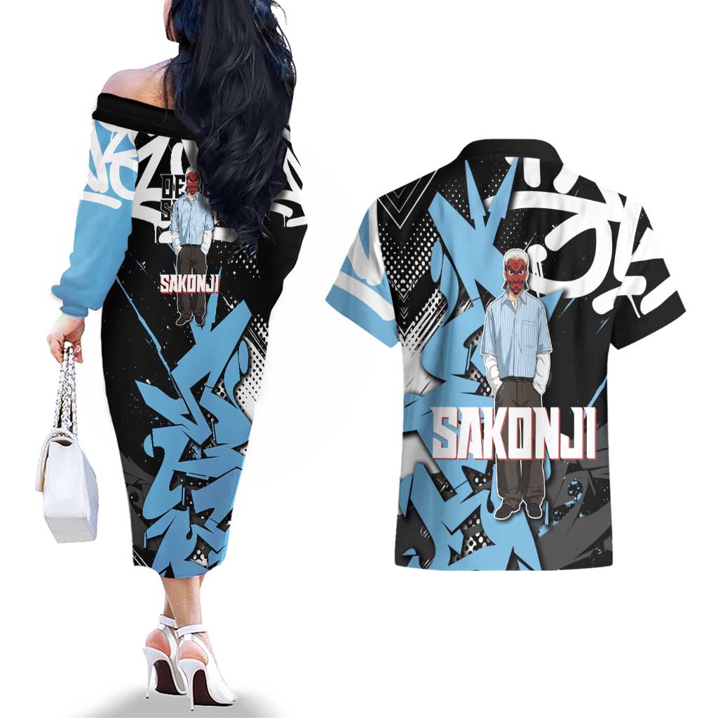 Sakonji Demon Slayer Couples Matching Off The Shoulder Long Sleeve Dress and Hawaiian Shirt Blue Graffiti Anime Style