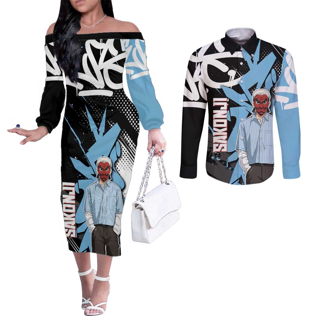 Sakonji Demon Slayer Couples Matching Off The Shoulder Long Sleeve Dress and Long Sleeve Button Shirt Blue Graffiti Anime Style